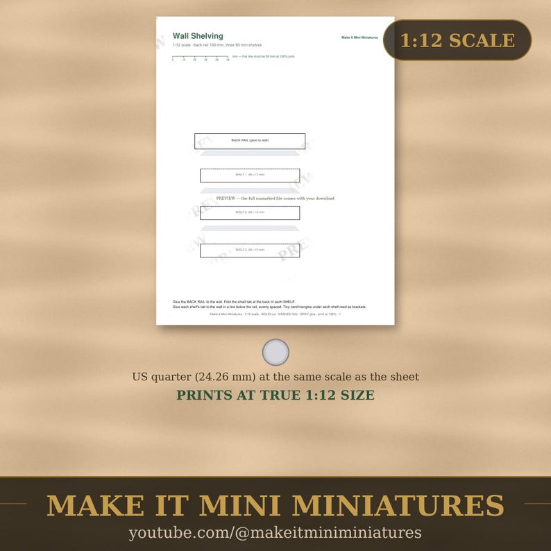 Dollhouse Wall Shelving Template 1:12 Scale — Printable Miniature Furniture Cut-Out Pattern image 4
