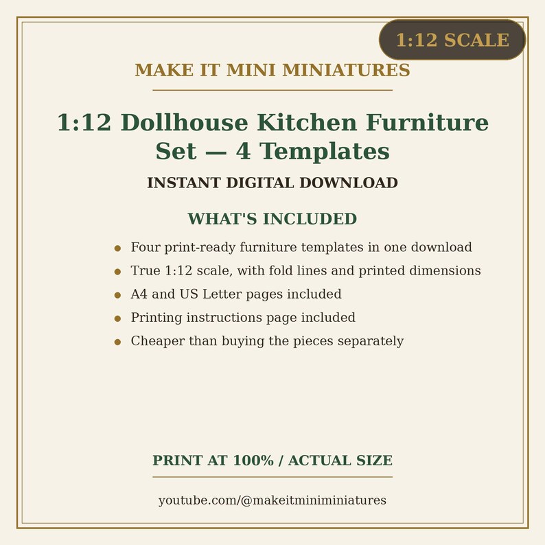 Dollhouse Kitchen Furniture Set 1:12 Scale — 4 Printable Miniature Templates image 6