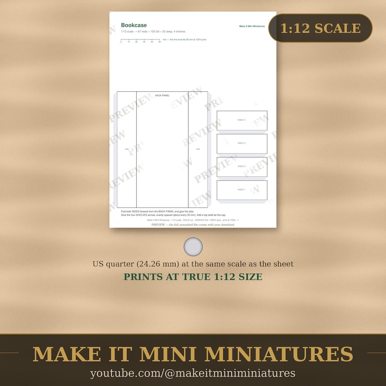 Dollhouse Bookcase Template 1:12 Scale — Printable Miniature Furniture Cut-Out Pattern image 5