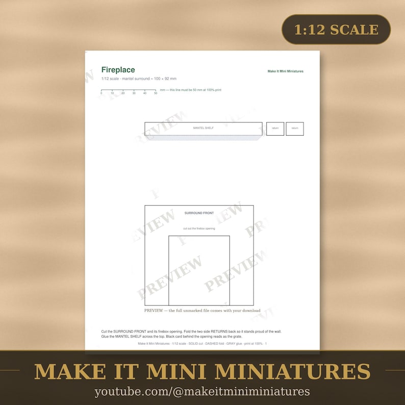 Dollhouse Fireplace Template 1:12 Scale — Printable Miniature Furniture Cut-Out Pattern image 1