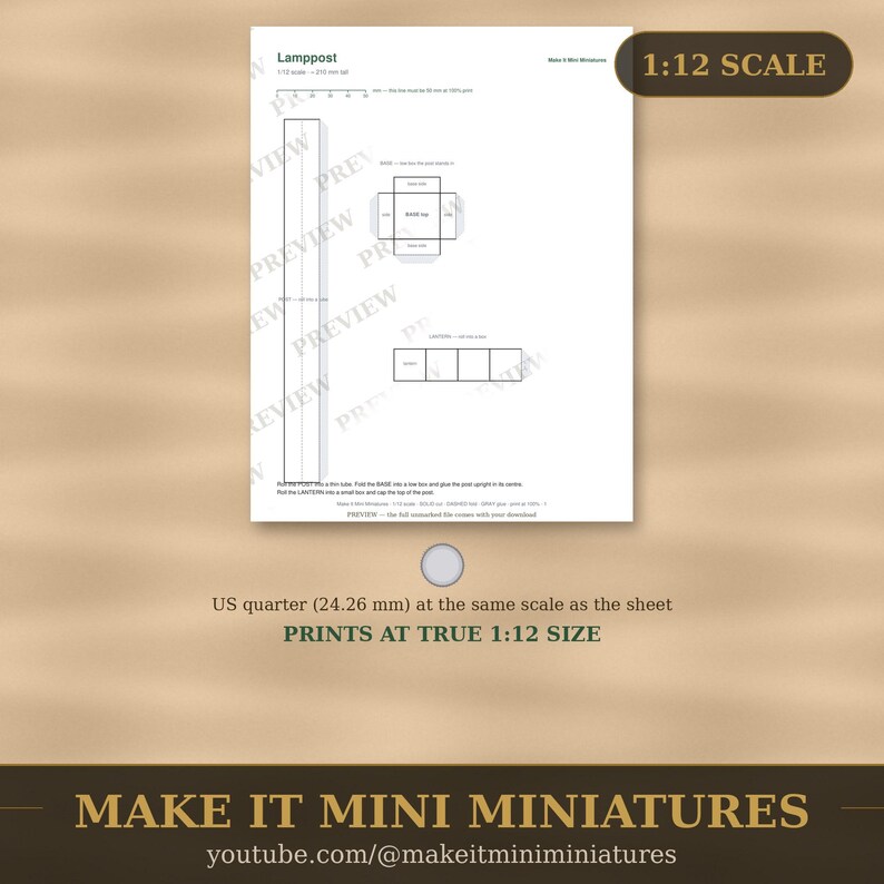 Dollhouse Lamppost Template 1:12 Scale — Printable Miniature Furniture Cut-Out Pattern image 4