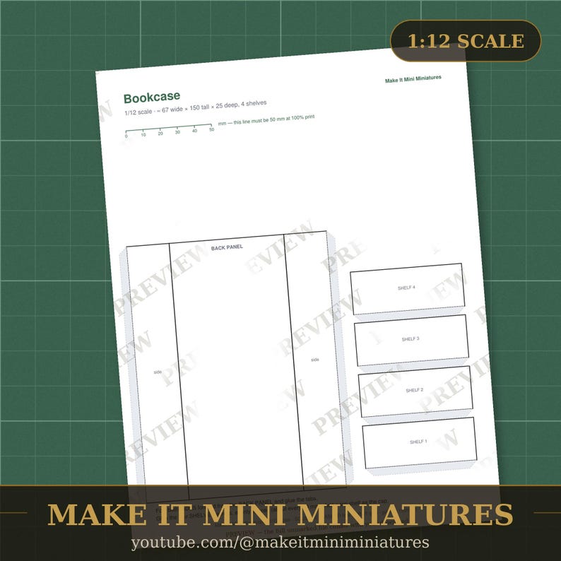 Dollhouse Bookcase Template 1:12 Scale — Printable Miniature Furniture Cut-Out Pattern image 3