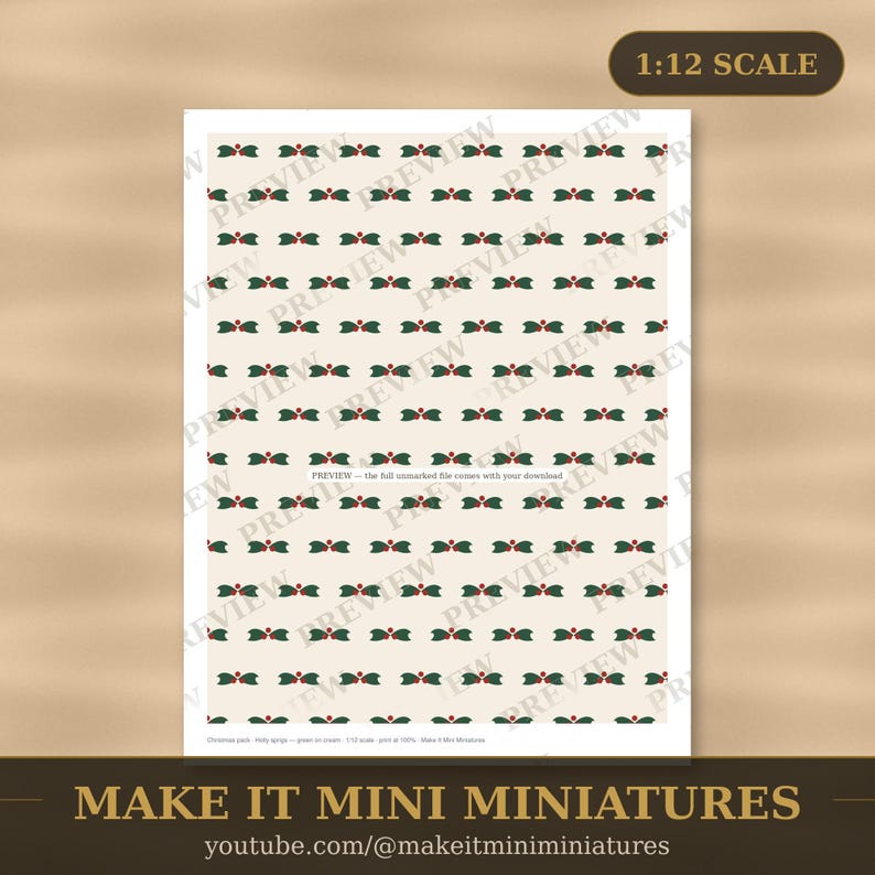 Papel pintado y suelo navideño para casa de muñecas, imprimible a escala 1:12 — 20 láminas, acebo, nieve, tartán imagen 1