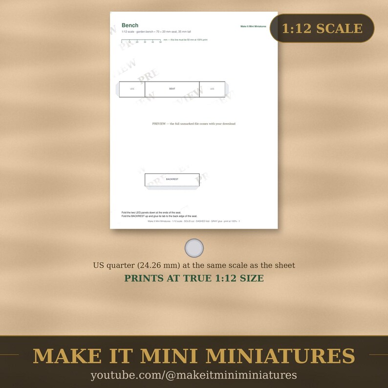 Dollhouse Garden Bench Template 1:12 Scale — Printable Miniature Furniture Cut-Out Pattern image 4