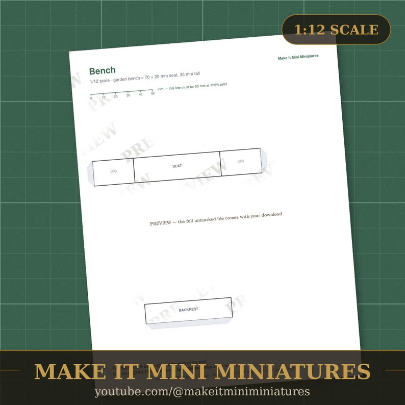 Dollhouse Garden Bench Template 1:12 Scale — Printable Miniature Furniture Cut-Out Pattern image 2