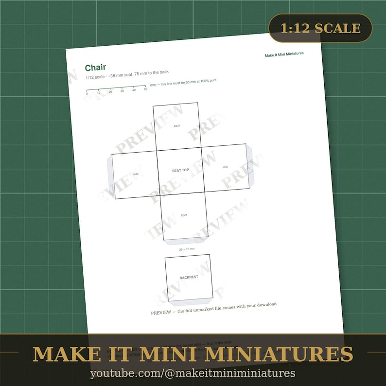 Dollhouse Chair Template 1:12 Scale — Printable Miniature Furniture Cut-Out Pattern image 2