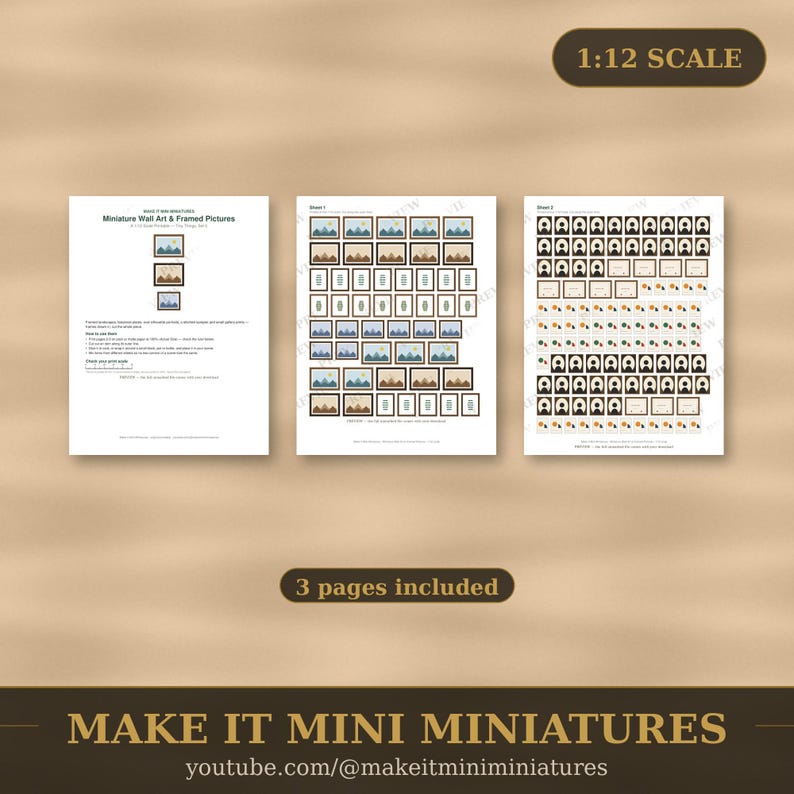Miniature Wall Art & Framed Pictures Printable 1:12 Scale — Dollhouse Accessories Digital Download image 4