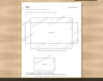 Dollhouse Bed Template 1:12 Scale — Printable Miniature Furniture Cut-Out Pattern