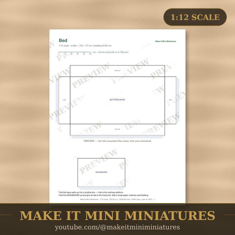 Modello per letto in miniatura per casa delle bambole in scala 1:12 - Sagoma stampabile per mobili in miniatura da ritagliare immagine 1