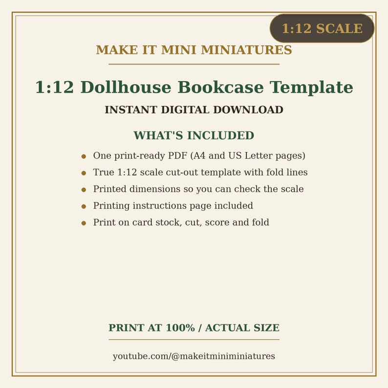 Dollhouse Bookcase Template 1:12 Scale — Printable Miniature Furniture Cut-Out Pattern image 6