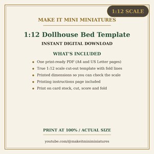 Modello per letto in miniatura per casa delle bambole in scala 1:12 - Sagoma stampabile per mobili in miniatura da ritagliare immagine 5