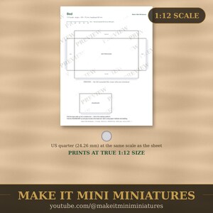 Modello per letto in miniatura per casa delle bambole in scala 1:12 - Sagoma stampabile per mobili in miniatura da ritagliare immagine 4