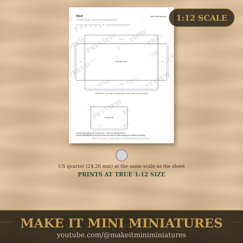 Modello per letto in miniatura per casa delle bambole in scala 1:12 - Sagoma stampabile per mobili in miniatura da ritagliare immagine 4