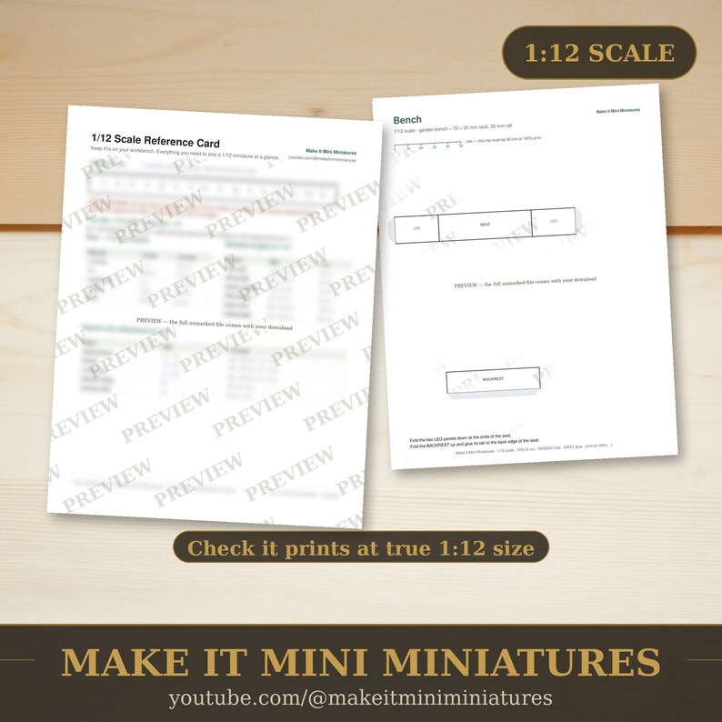 Dollhouse Garden Bench Template 1:12 Scale — Printable Miniature Furniture Cut-Out Pattern image 3