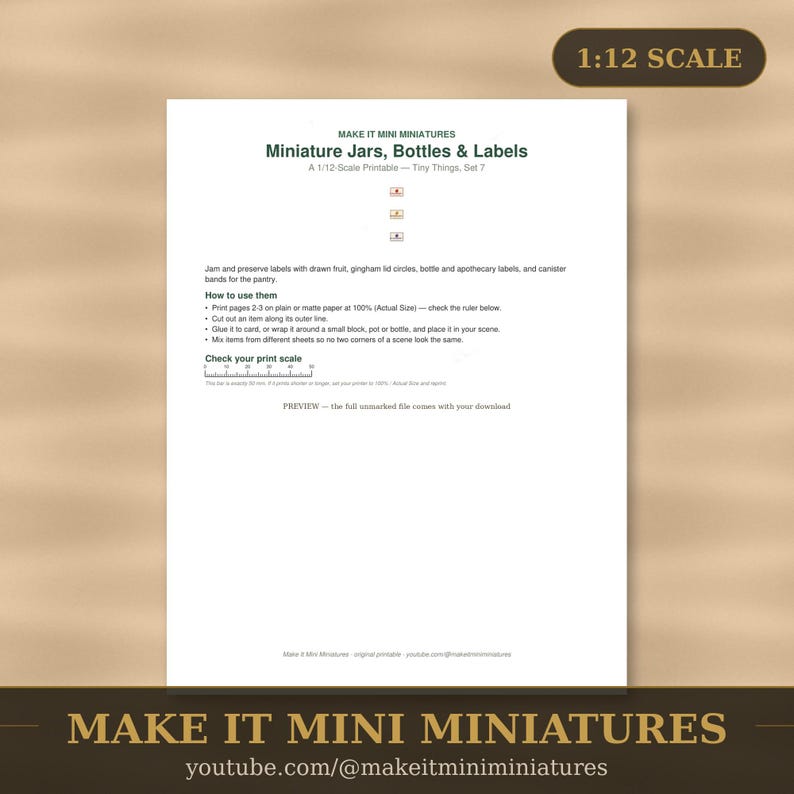 Barattoli, bottiglie ed etichette in miniatura stampabili in scala 1:12 — Accessori per casa delle bambole - Download digitale immagine 1