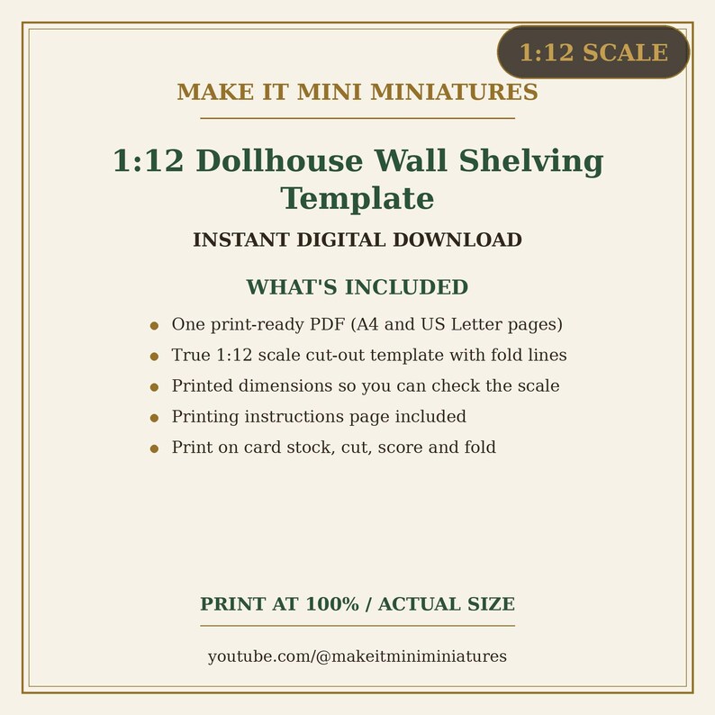 Dollhouse Wall Shelving Template 1:12 Scale — Printable Miniature Furniture Cut-Out Pattern image 5