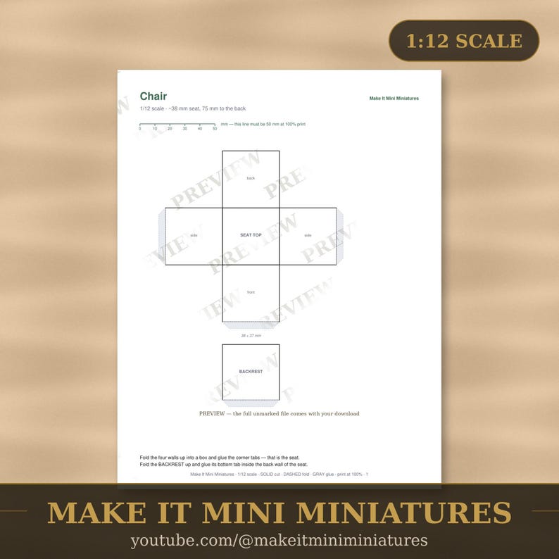 Dollhouse Chair Template 1:12 Scale — Printable Miniature Furniture Cut-Out Pattern image 1