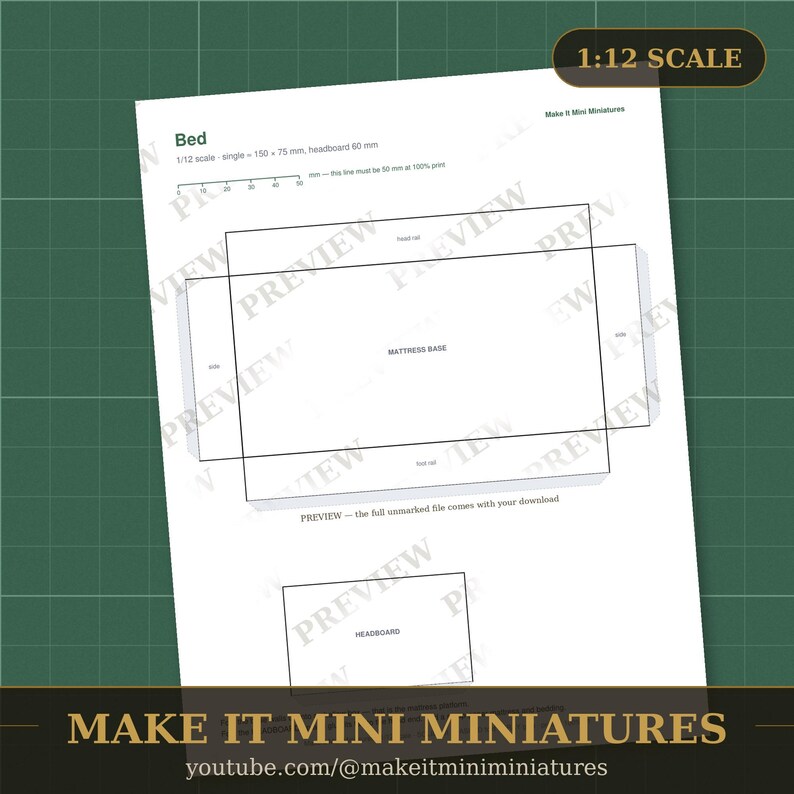Modello per letto in miniatura per casa delle bambole in scala 1:12 - Sagoma stampabile per mobili in miniatura da ritagliare immagine 2