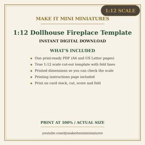 Dollhouse Fireplace Template 1:12 Scale — Printable Miniature Furniture Cut-Out Pattern image 5