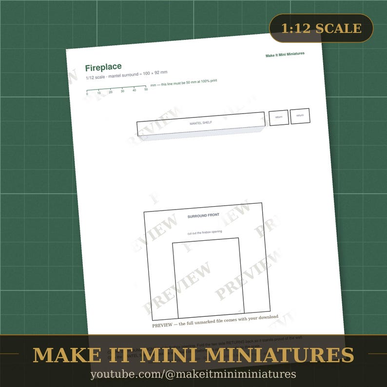 Dollhouse Fireplace Template 1:12 Scale — Printable Miniature Furniture Cut-Out Pattern image 2