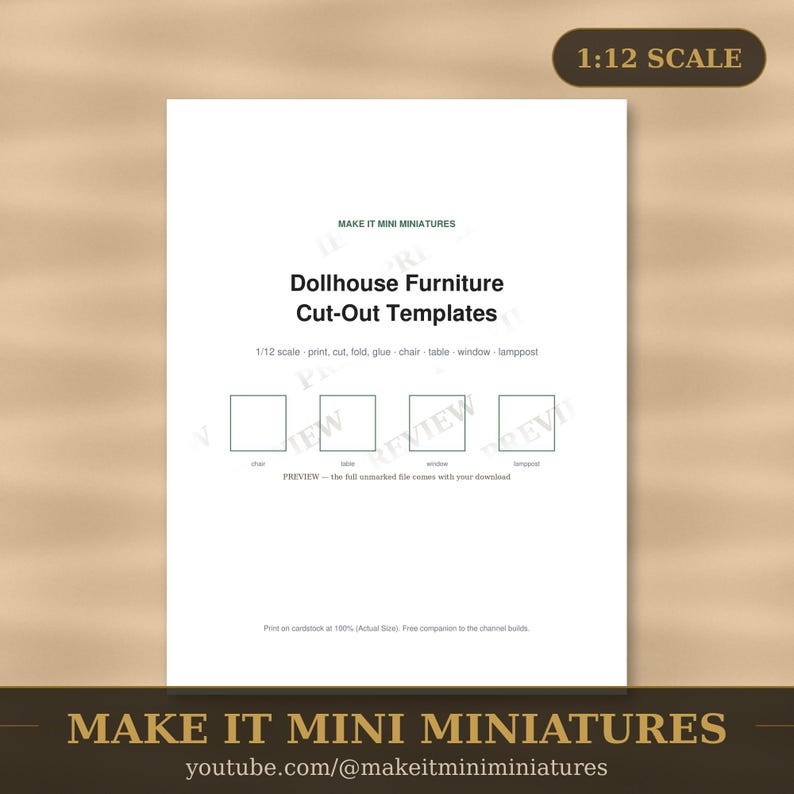 Dollhouse Furniture Starter Templates 1:12 Scale — 4 Printable Miniature Patterns for Beginners image 1