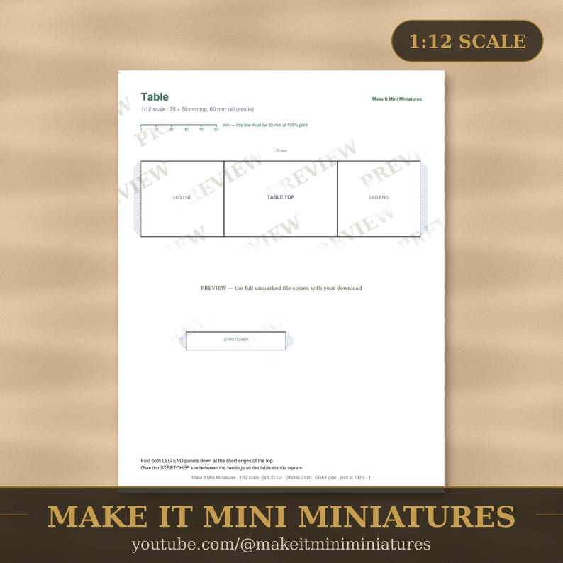 Dollhouse Table Template 1:12 Scale — Printable Miniature Furniture Cut-Out Pattern image 1