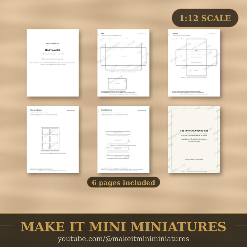 Dollhouse Bedroom Furniture Set 1:12 Scale — 4 Printable Miniature Templates image 4