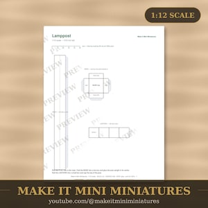Puede incluir: Una plantilla imprimible de farola a escala 1:12 en una hoja blanca. Incluye un poste rectangular largo, un diagrama de base cuadrada y un patrón de caja de linterna. El texto incluye Lamppost, 1:12 scale, 210 mm tall e instrucciones.
