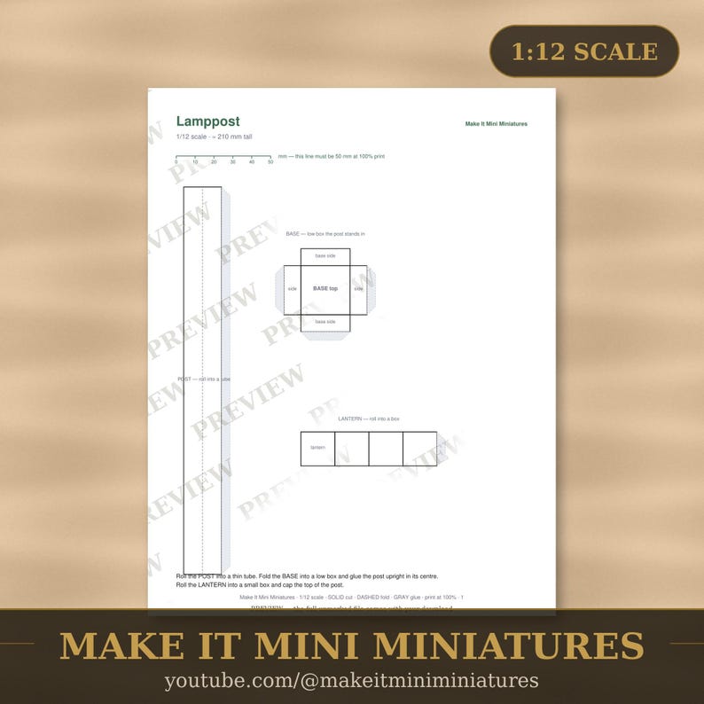 Dollhouse Lamppost Template 1:12 Scale — Printable Miniature Furniture Cut-Out Pattern image 1