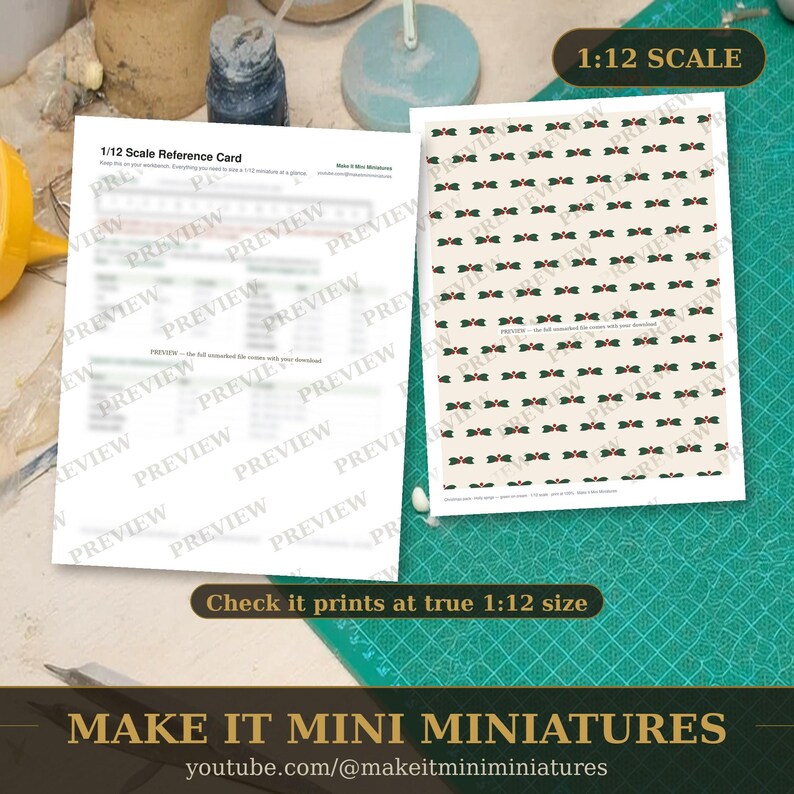 Papel pintado y suelo navideño para casa de muñecas, imprimible a escala 1:12 — 20 láminas, acebo, nieve, tartán imagen 3