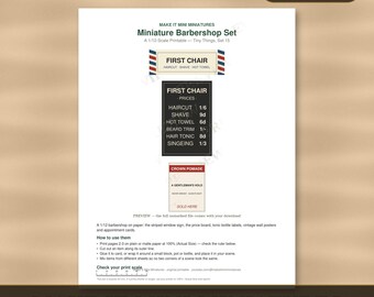 Miniature Barbershop Printable 1:12 Scale — Striped Sign, Price Board & Tonic Labels Digital Download