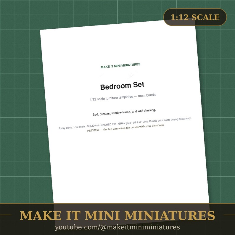 Dollhouse Bedroom Furniture Set 1:12 Scale — 4 Printable Miniature Templates image 2