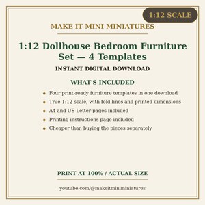 Dollhouse Bedroom Furniture Set 1:12 Scale — 4 Printable Miniature Templates image 5