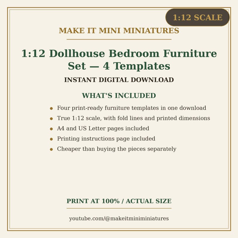 Dollhouse Bedroom Furniture Set 1:12 Scale — 4 Printable Miniature Templates image 5