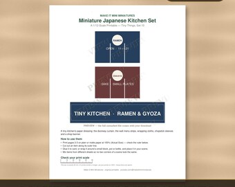 1:12 Scale Miniature Japanese Kitchen Printables – Noren, Menu, Wraps (Digital Download)