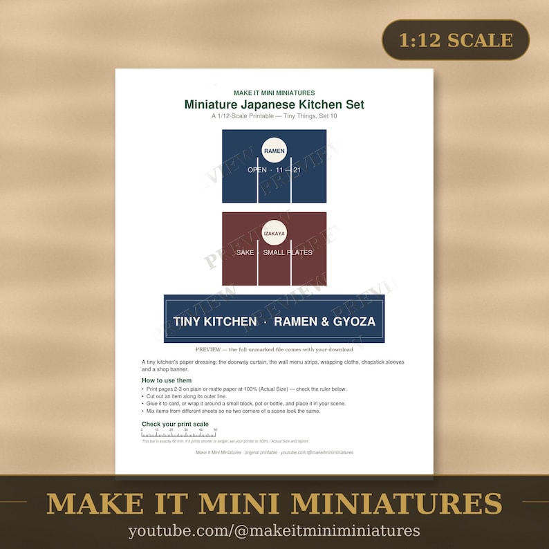 1:12 Scale Miniature Japanese Kitchen Printables – Noren, Menu, Wraps (Digital Download) image 1