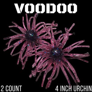 May include: Two purple soft plastic fishing lures shaped like sea urchins with long, thin tentacles and dark centers containing blue glitter. The text VOODOO is at the top, and 2 COUNT 4 INCH URCHIN is at the bottom against a black background.