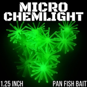 May include: A collection of bright green, star-shaped fishing lures that glow in the dark. The text MICRO CHEMLIGHT is at the top, and 1.25 INCH PAN FISH BAIT is at the bottom against a black background.