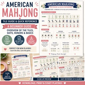 Puede incluir: Una guía de fichas y referencia rápida de Mahjong americano en formato PDF de una página, de 21,59 por 27,94 cm. El documento incluye ilustraciones detalladas de palos de bambú, puntos, caracteres, vientos, dragones, flores y reglas básicas.