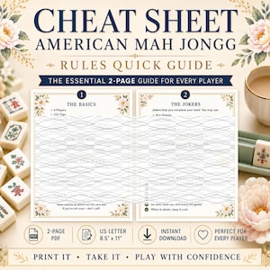 Puede incluir: Una guía rápida de reglas de Mah Jongg americano de dos páginas. El documento presenta texto en azul oscuro, detalles florales y secciones tituladas The Basics y The Jokers, rodeado de fichas de Mah Jongg y una taza de cerámica.