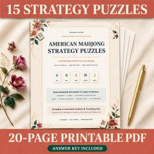 Puede incluir: Una pila de páginas de rompecabezas de estrategia de Mahjong americano imprimibles con bordes florales, que presentan el texto '15 Strategy Puzzles' y 'American Mahjong Strategy Puzzles', acompañadas de un bolígrafo dorado e ilustraciones de fichas.