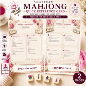 Puede incluir: Dos páginas de una tarjeta de referencia rápida de Mahjong americano con bordes florales, reglas del juego y descripciones de manos. El texto incluye 'AMERICAN MAHJONG QUICK REFERENCE CARD' y 'PREVIEW ONLY'. Cuatro fichas de Mahjong están debajo.
