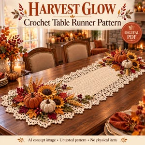 Könnte beinhalten: Eine cremefarbene Häkelanleitung für einen Tischläufer mit dem Titel Harvest Glow und einem digitalen PDF-Etikett. Das Design umfasst aufwendige Spitzenränder und herbstliche Blumenarrangements mit orangefarbenen und weißen Kürbissen.