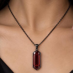 Lab Grown Garnet Hexagon Pendant Necklace, Geometric Red Gemstone Jewelry