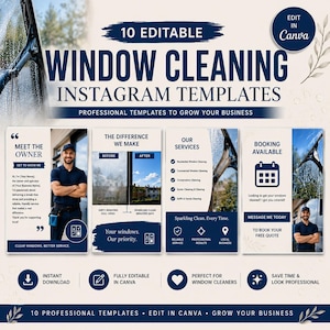 Könnte beinhalten: Ein Set aus 10 bearbeitbaren Instagram-Vorlagen für die Fensterreinigung mit dunkelblauem Text auf hellem Hintergrund. Die Designs enthalten Abschnitte zur Vorstellung des Inhabers, Leistungsübersichten, Vorher-Nachher-Vergleiche und Buchungsoptionen.