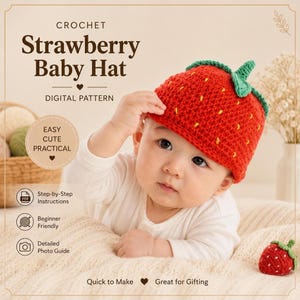 Crochet Strawberry Baby Hat Pattern, Newborn Beanie Tutorial (PDF Download)