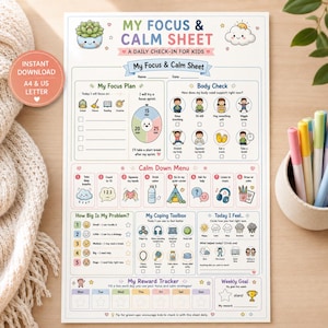 Puede incluir: Una hoja de registro diario My Focus & Calm Sheet para niños. El documento incluye secciones para un plan de enfoque, control corporal, menú de calma, escala de problemas, caja de herramientas, rastreador de sentimientos y recompensas.