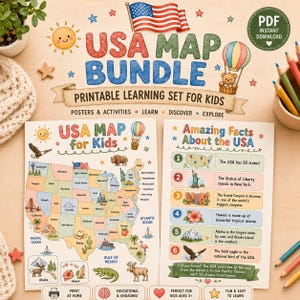 May include: A USA map bundle printable learning set for kids featuring a colorful map of the United States with illustrations of landmarks and animals, alongside an Amazing Facts About the USA sheet with numbered points and educational graphics.
