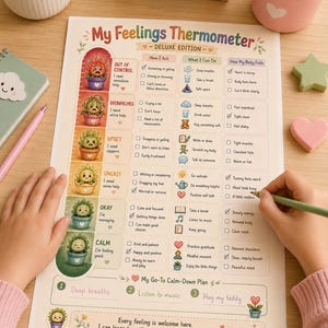 May include: A My Feelings Thermometer Deluxe Edition chart featuring a color-coded scale from red to green with illustrated cactus characters representing different emotions, checkboxes for behaviors, coping strategies, and physical sensations.