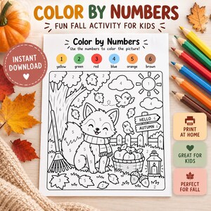 Puede incluir: Una hoja de actividades de colorear por números con un zorro, pájaros, una cesta de manzanas y un rastrillo. La página incluye una clave de color con los números del uno al seis, correspondientes a amarillo, verde, rojo, azul, naranja y marrón.